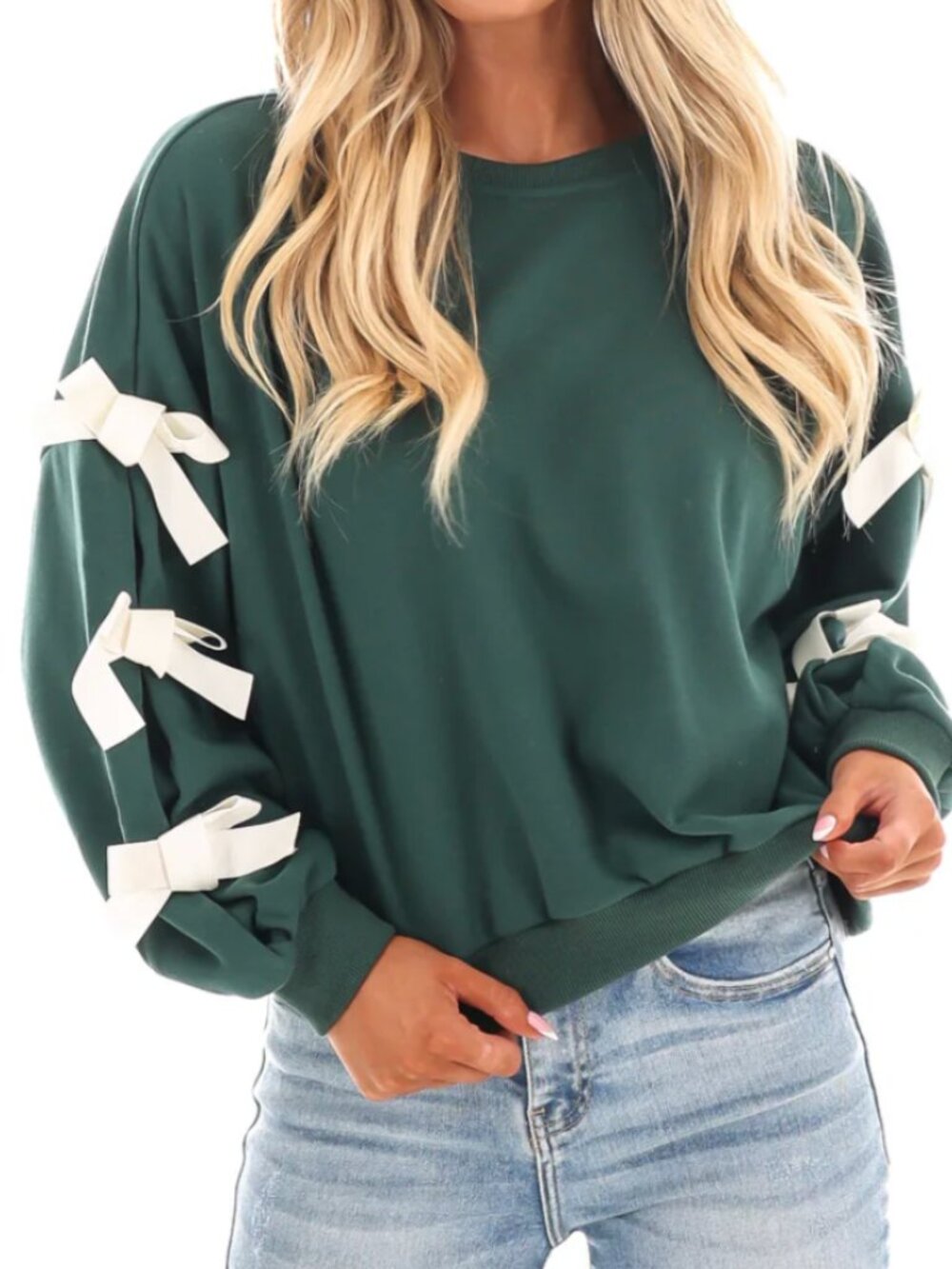She + Sky Forest Green Sweatshirt with Cream Ribbon Details, size Small, NWT